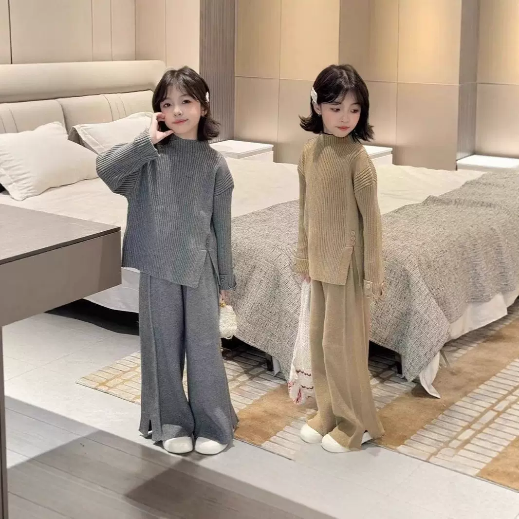 2025女童春秋装开叉长裤潮韩版毛衣针织衫新款时髦宽松套装打底童