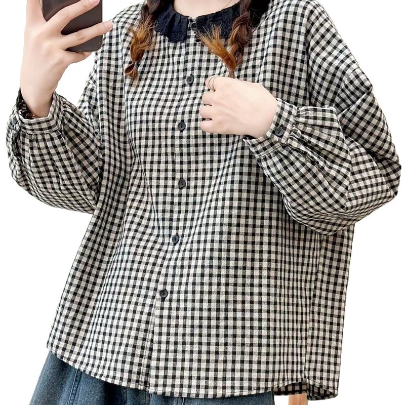 森系花边领休闲格子衬衣女减龄文艺棉质长袖上衣宽松百搭厚料衬衫|undefined