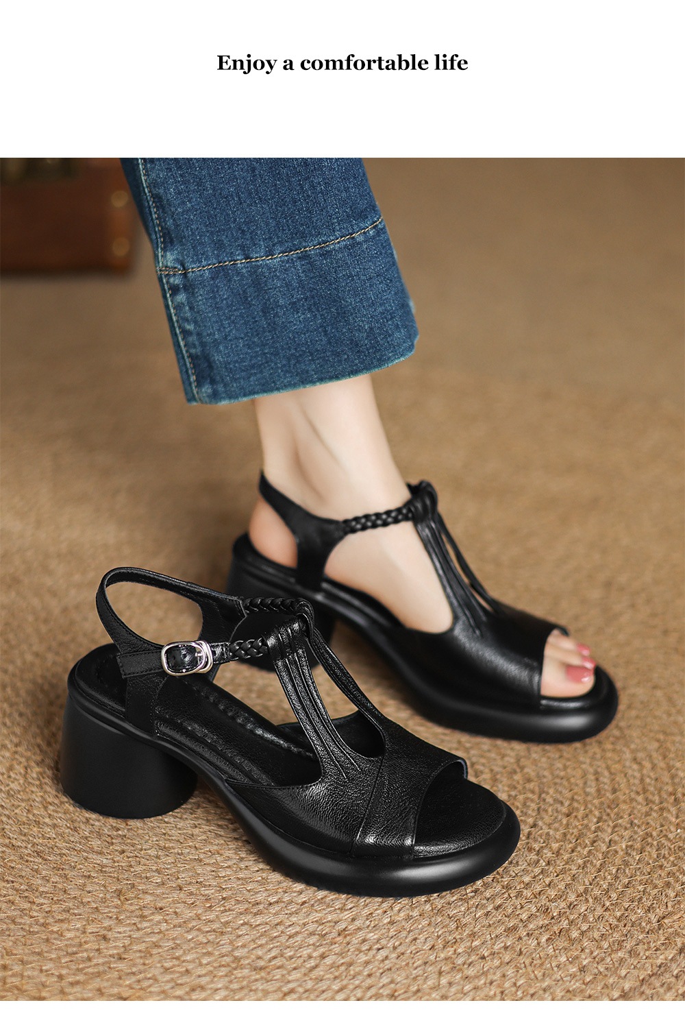 Sandal nữ da cừu mũi cá hở gót, đế dày gót thô 9 cm, quai ngang một dây — đen chi tiết 10