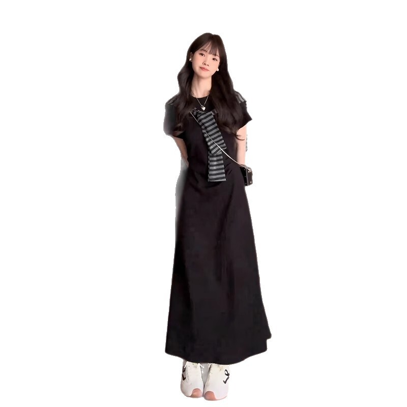 女性用韓国風ドレススーツ、夏用半袖ラウンドネックスカート、ファッショナブルでスリムなレイジースタイルストライプショールロングスカート|undefined