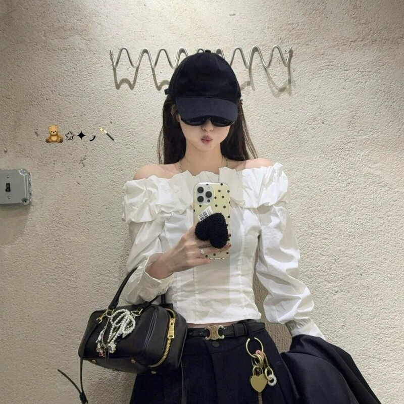 White Bud Collar One-Shoulder Shirt Tops for Women Spring and Autumn Long-Sleeved Shirts Others