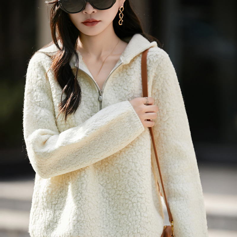 Looped 100% Wool Autumn and Winter Lazy Style Casual Warm Versatile Wool Sweater Half-Zip Hooded Thick Sweater Looped 100% Wool Autumn and Winter Lazy Style Casual Warm Versatile Wool Sweater Half-Zip Hooded Thick Sweater
