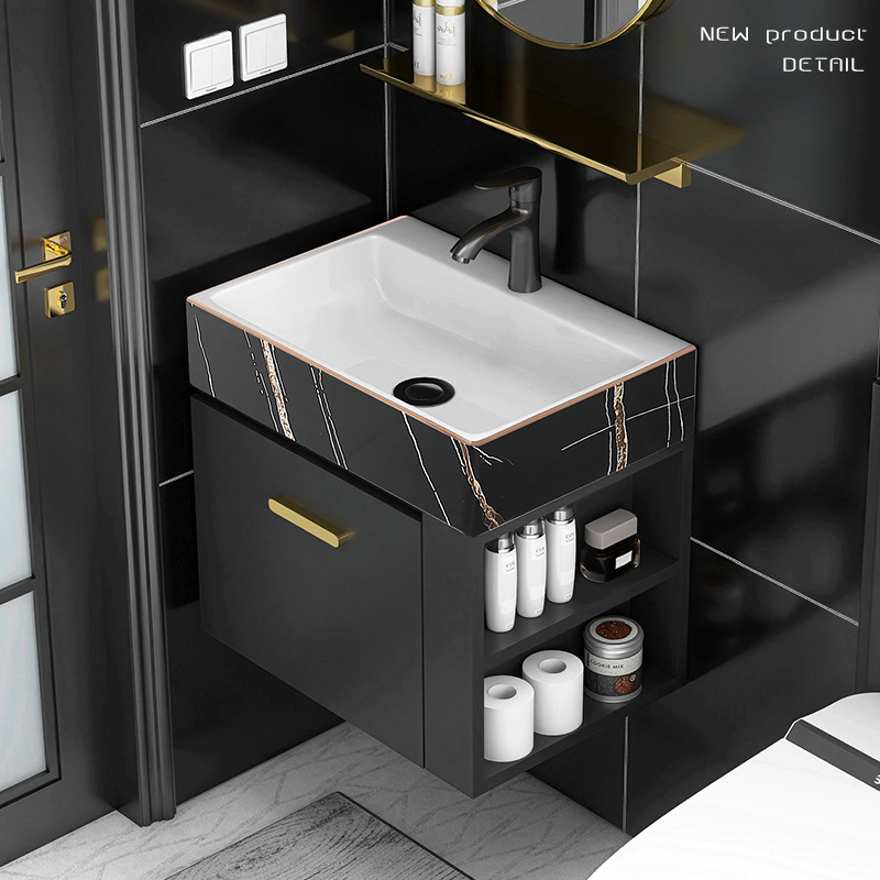 Mueble de baño de madera maciza pequeño apartamento Lado de almacenamiento combinación de gabinete lavabo baño integrado cerámica lavabo