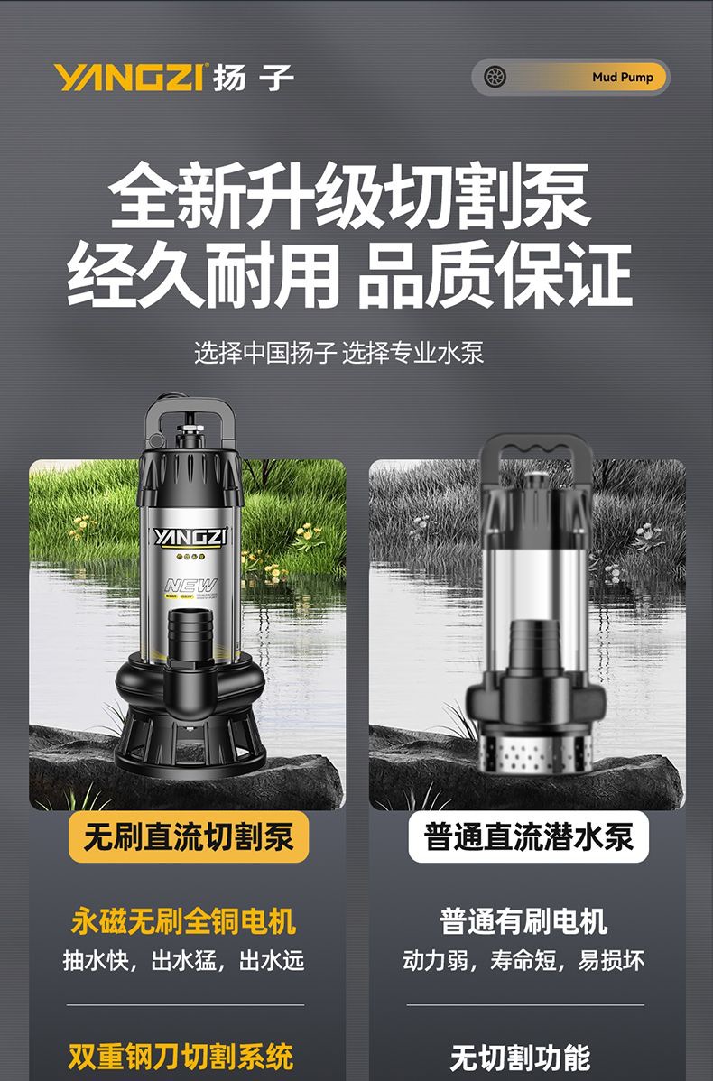 Yangzi Dc Submersible Sewage Cutting Pump 12V/24V/48V/60V Universal Electric Battery Car Water Pump 2