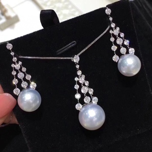 Full Diamond Smart S925 Silver Natural Pearl suit 11-12mm Comparable to Australian White Edison Pearl Earrings Pendant