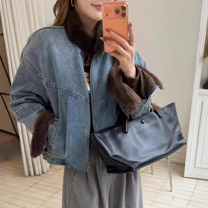 European Mink Fur Spliced Denim Jacket 2025 Winter New Korean Version Warm Versatile Slimming Jacket Trendy Top