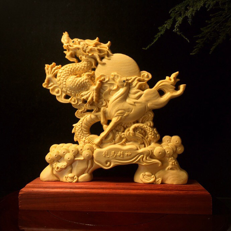 黄杨木雕好运龙摆件 实木雕刻生肖龙马精神工艺品客厅家居装饰品