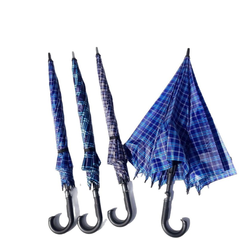 Umbrella 27 Inch Oversized Wind-Resistant Storm-Resistant Plaid Long Handle Umbrella Curved Handle Straight Umbrella Fiber Umbrella Rack Semi-Automatic Umbrella