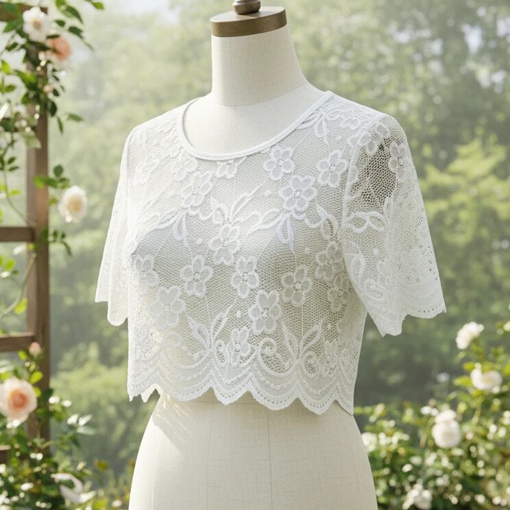 Lace-trimmed thin summer base layer top, versatile round neck short sleeves, perfect for layering under a slip dress, stylish lace top.