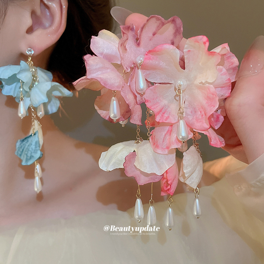 Aguja de plata, tela de circón, flores, perlas, borlas, pendientes de estilo de vacaciones, pendientes de todo fósforo de moda, sentido de diseño, nicho