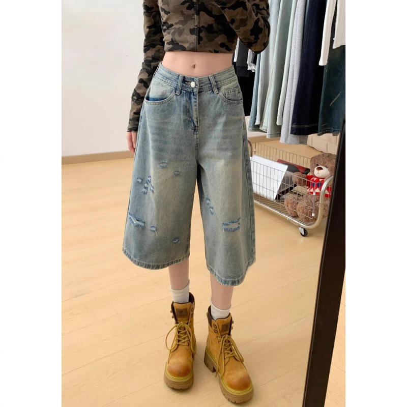 light blue High Waist Denim Cropped Shorts Women's 2025 Summer New Loose Short Thin Outer Wear Ripped Pants