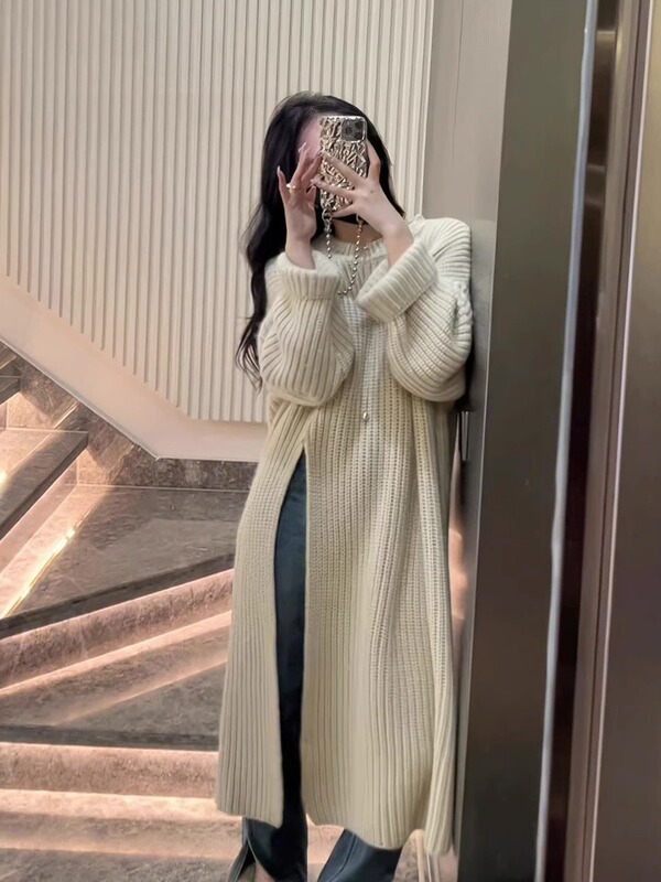 慵懒风法式毛衣裙女2025秋冬季新款套头开叉过膝中长款针织连衣裙|undefined