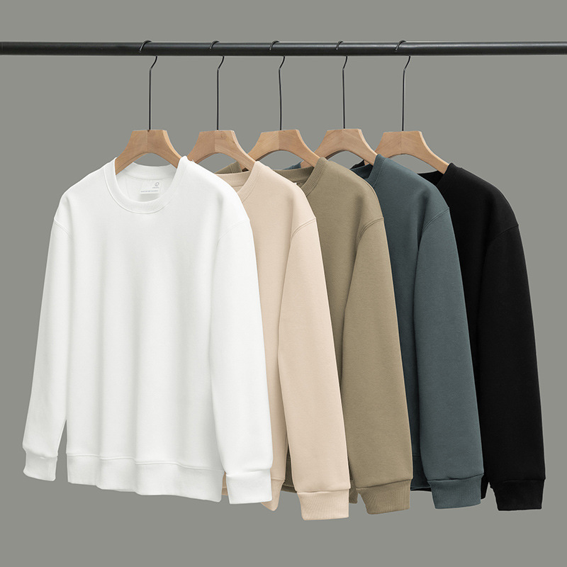 320g Heavyweight Sweatshirt for Men, Warm, Fleece-lined, Thickened, Solid White Crew Neck, Hoodless, Long-sleeved T-shirt