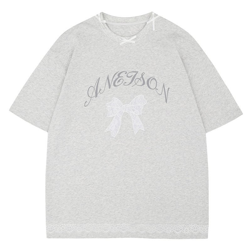 Clothing Men's Lace Bow Embroidered Short-sleeved T-shirt Women's Summer New Loose Slimming Good-looking Half-sleeved Top