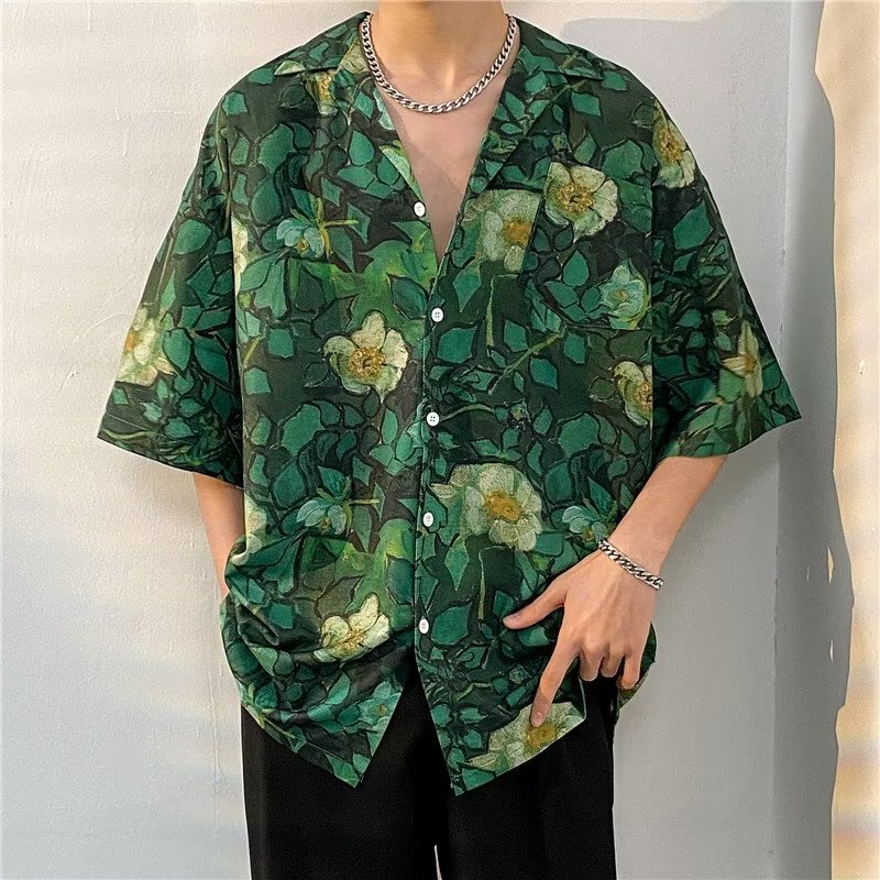 Cross-Border - Handsome Floral Shirt for Men, Summer Ice Silk Thin Vintage Retro 80S Cuban Collar Short-Sleeve Shirt