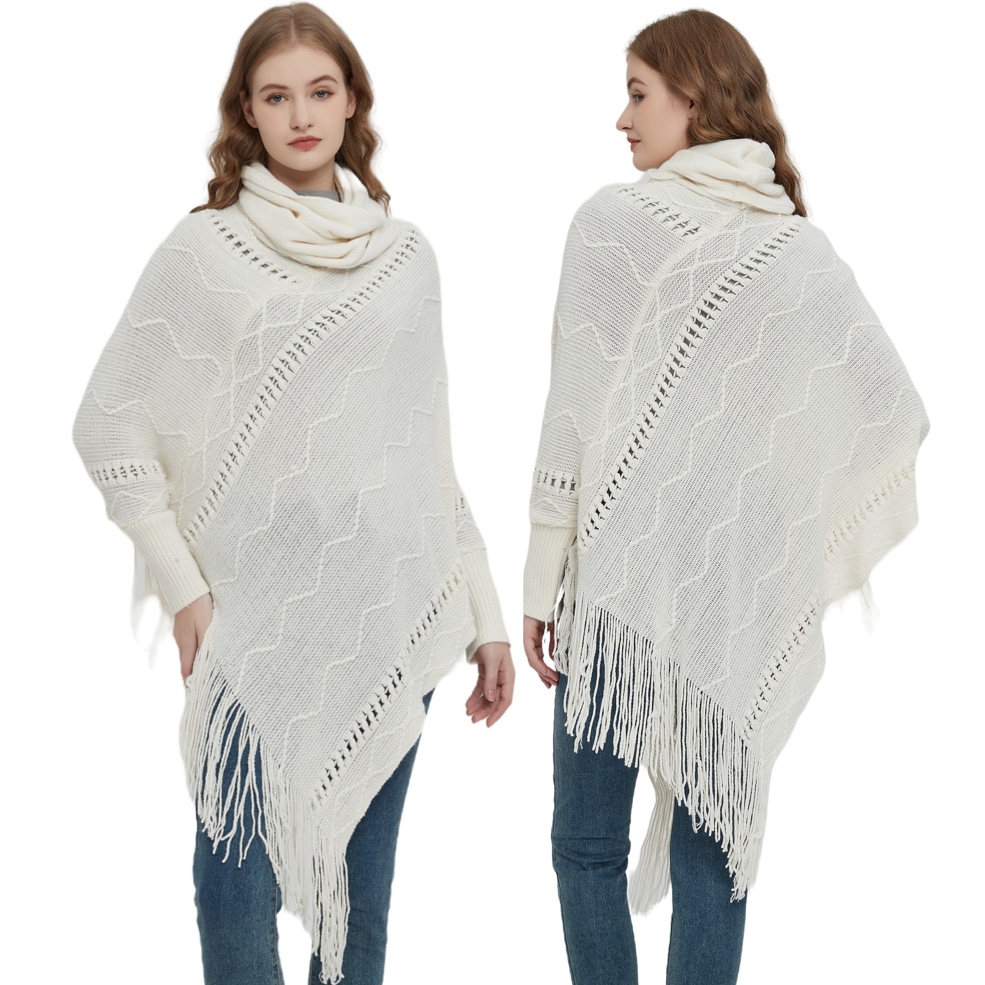 Unisex Coat beige white hollow collar long sleeves tassel cape cape_viptrois.com