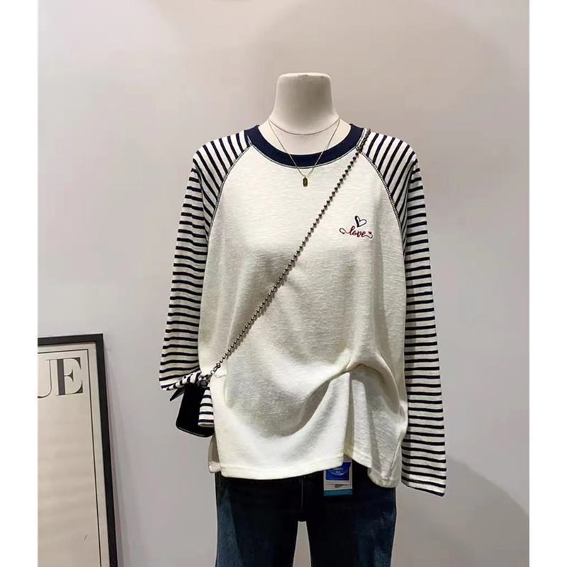 欧货设计感复古条纹插肩袖T恤女春秋时尚慵懒风宽松显瘦长袖上衣|undefined