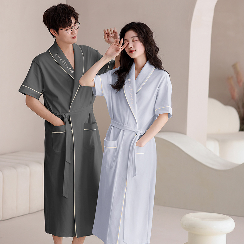 High-end Tight Match Pure Cotton Couple's Nightgown Short-sleeved Summer Bathrobe Bath Towel Coat Summer Home Clothes for One Man and One Woman High-end Tight Match Pure Cotton Couple's Nightgown Short-sleeved Summer Bathrobe Bath Towel Coat Summer Home Clothes for One Man and One Woman