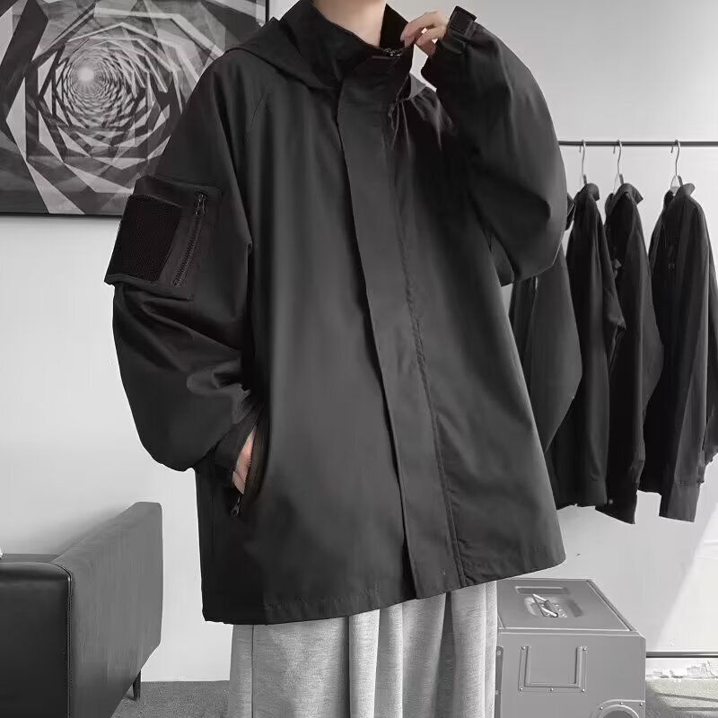 American Style Men's Velcro Jacket Men's Spring and Autumn Black Samurai Coat Jacket American Style Functional Workwear Coat Hooded American Style Men's Velcro Jacket Men's Spring and Autumn Black Samurai Coat Jacket American Style Functional Workwear Coat Hooded