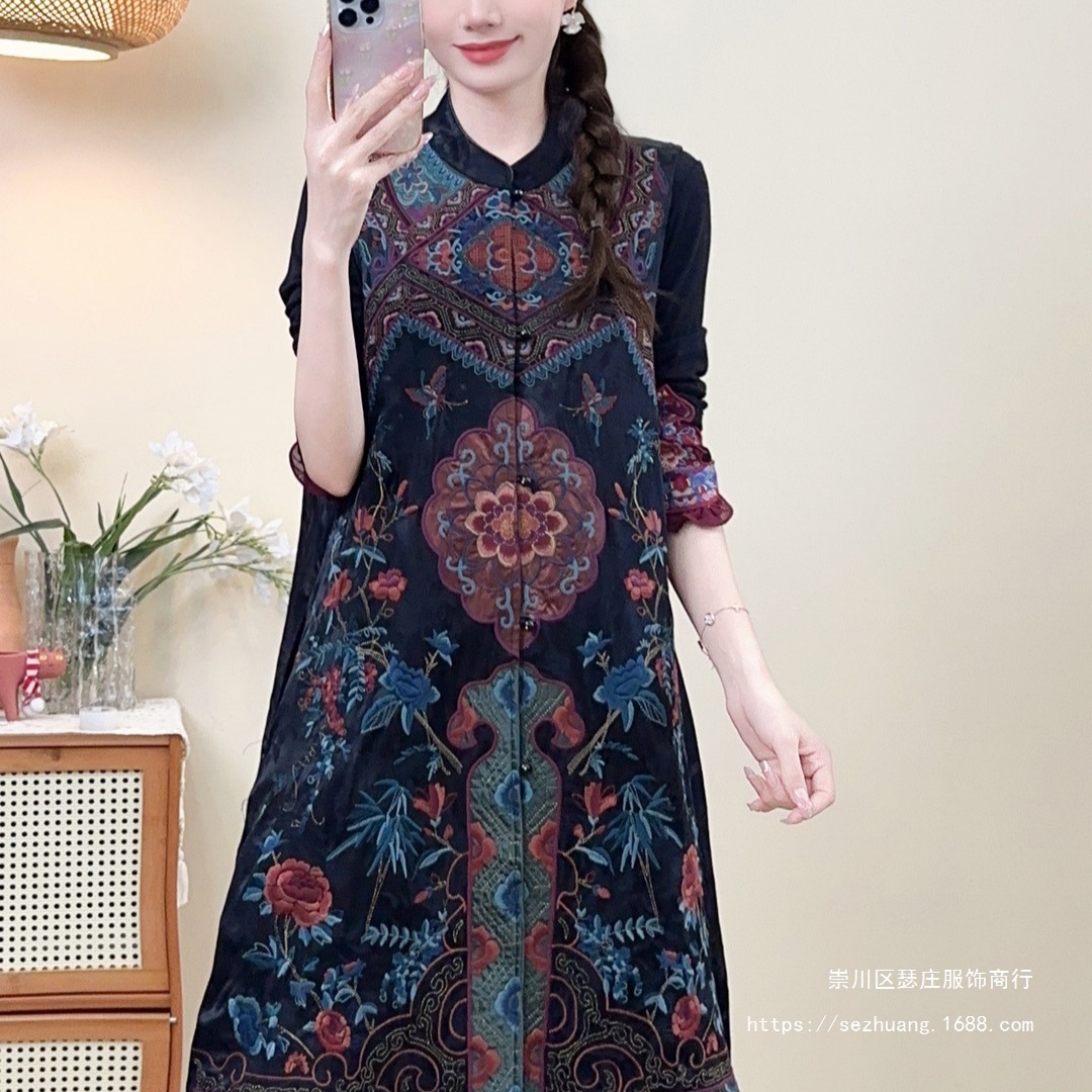 新中式刺绣马甲女民族风复古新款修身显瘦棉麻立领盘扣中长款外套