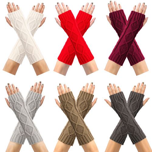 Cross-border rhombus knitted wool gloves winter warm retro all-match half-finger wristband extended fingerless arm cover