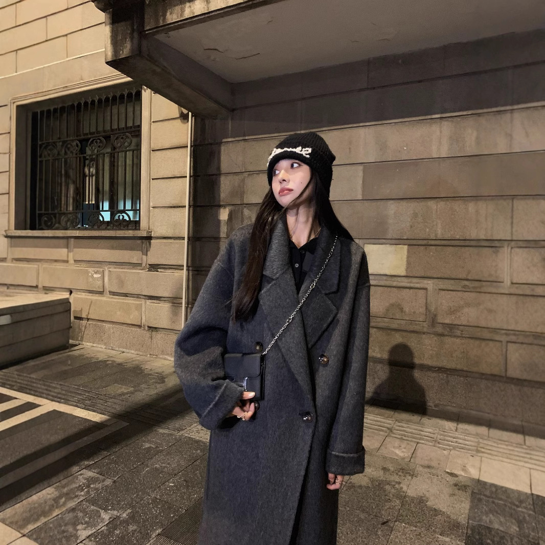 양면 캐시미어 코트 여성용 블랙 그레이 2025 가을 겨울 신상 중간 길이 울 코트 한국 스타일 루즈핏 여성용 코트