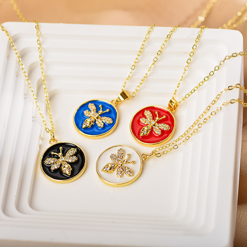 Fashion Dragonfly Copper Enamel Plating Inlay Zircon Pendant Necklace 1 Piece