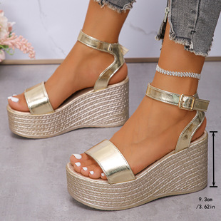 Cross-Border Foreign Trade Large Size Sandals for Women 2024 New European and American Fish Mouth Wedge Heel One-Strap Women's Shoes 43 Size Independent Station