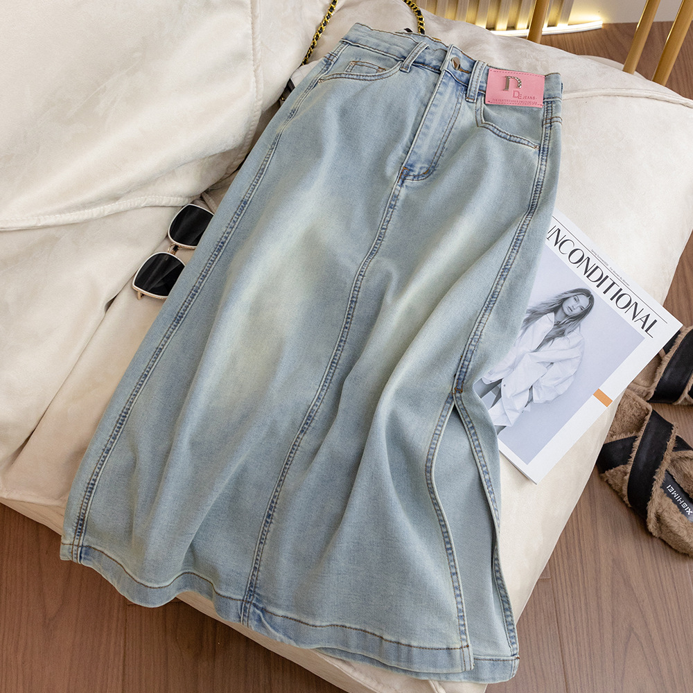 731 Side Split Denim Skirt Women's 2024 Summer light blue All-match High Waist A- Line Mid-length Split Skirt