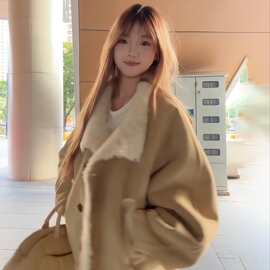 韩版皮毛一体棉服外套女冬季新款小个子宽松加绒加厚麂皮棉衣女装