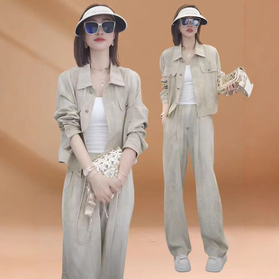 Fashion Casual suit Women 2025 Autumn New Slim Loose Lar Top High Waist Wide Leg Pants Two-piece Set for Women