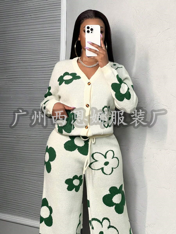 休闲简约V领长袖开襟外套+阔腿裤绿色花卉针织套装女士毛衣两件套|undefined