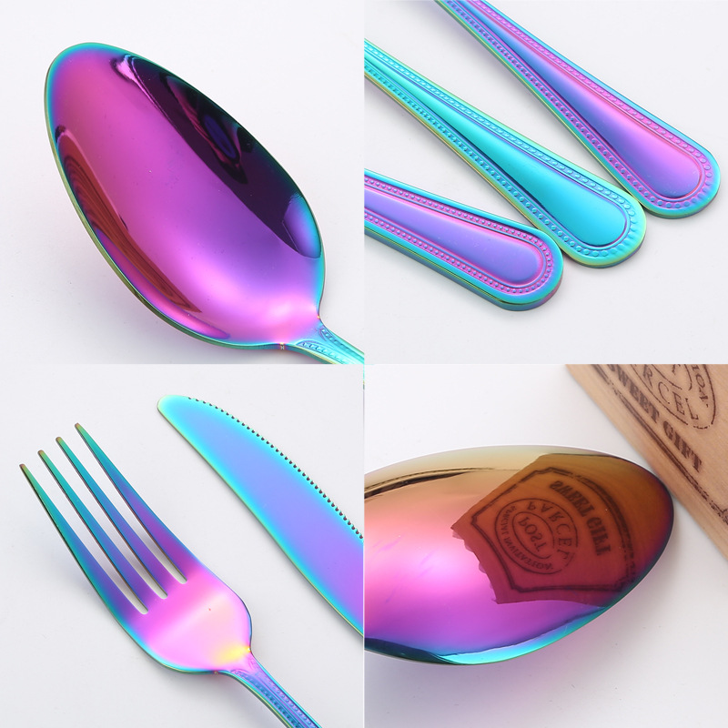 Amazon TikTok productos transfronterizos vajilla de acero inoxidable cuchillo, tenedor, cuchara, punto de grano cuatro piezas principales restaurante occidental puede establecer LOGO