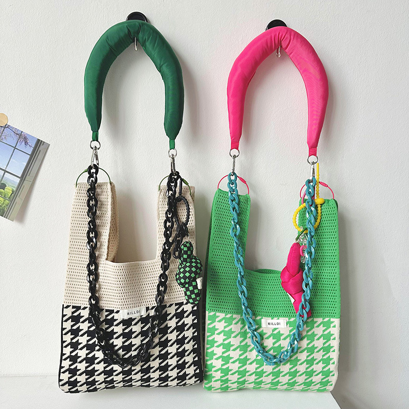 Bolso de hombro de punto de pata de gallo a juego de color de diseño de nicho con etiqueta bolso de mano de viajero de gran capacidad para mujeres