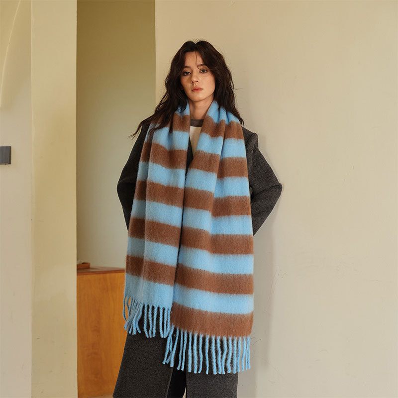 Elegant Blue Brown Color Matching Striped Acrylic Cashmere Scarf Women's Winter Thickened All-match Warm Shawl Dual-purpose Scarf