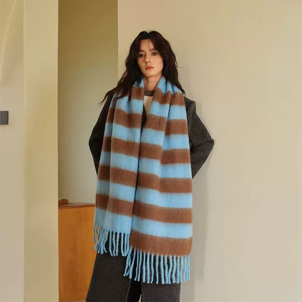 Elegant Blue Brown Color Matching Striped Acrylic Cashmere Scarf Women's Winter Thickened All-match Warm Shawl Dual-purpose Scarf