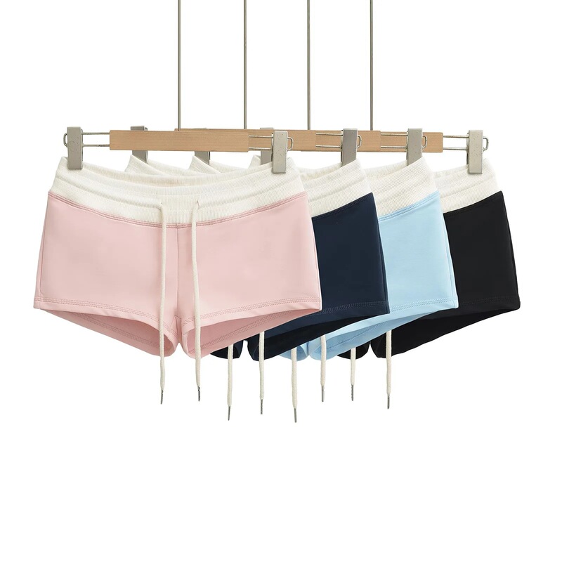European and American Trendy Women's Fashion Color-Blocked Drawstring Waistband Hip-Hugging Hot Pants Simple Elastic Slim-Fit Sports Fitness Yoga Shorts