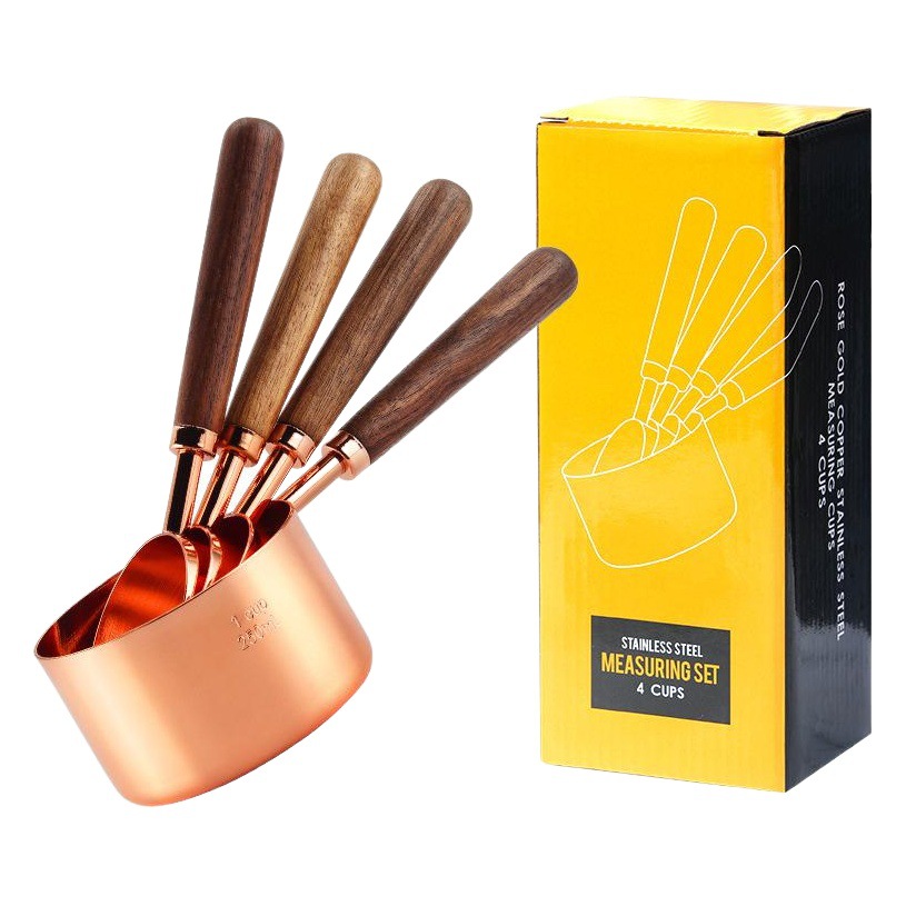 Taza medidora de acero inoxidable Juego de cuchara medidora de mango largo Mango de nogal Taza medidora de madera maciza de oro rosa Cuchara medidora de gramo