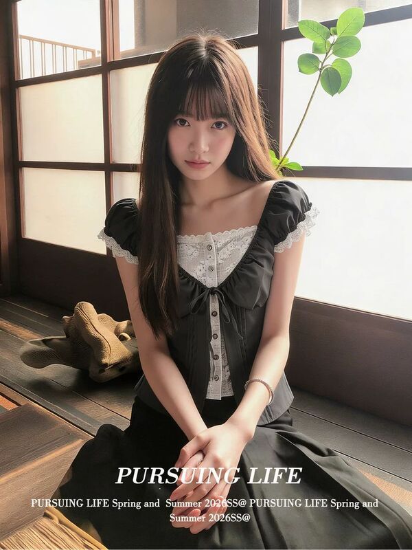 Korean-Style Fake Two-Piece Short-Sleeved Shirt for Women, Summer Wear, Lace Splicing Shirt, Slim Fit, Sweet Top Korean-Style Fake Two-Piece Short-Sleeved Shirt for Women, Summer Wear, Lace Splicing Shirt, Slim Fit, Sweet Top