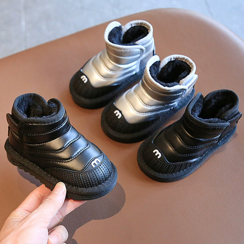 Детские зимние сапоги 2023 Зимние новые туфли для мальчиков на флисовой подкладке из толстого хлопка для девочек, непромокаемая Нескользящая детская обувь из снежного хлопка