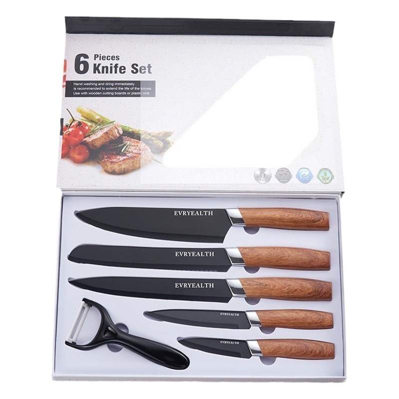 Amazon cuchillo de cocina con soporte de cuchillo traje cuchillo de cocina mango de madera de grano nuevo cuchillo de cocina cuchillo de fruta