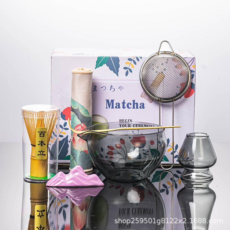 跨境专供日式新款玻璃抹茶碗套装点茶工具茶筅立玻璃碗组盒套装|undefined