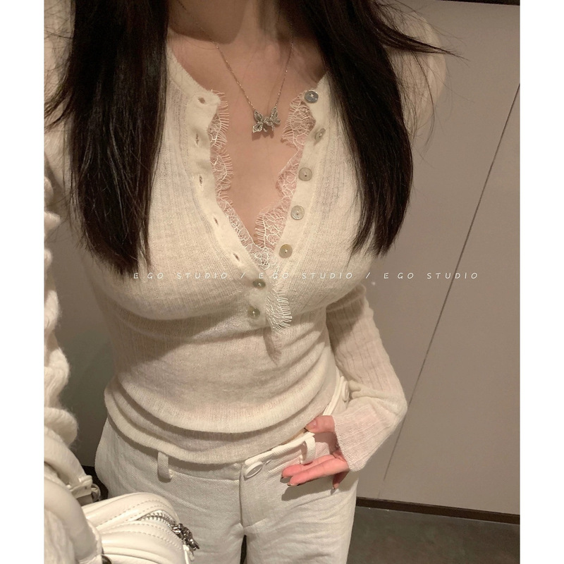 E Go Studio Wool Slightly See-Through Pit Knitwear Eyelash Lace Buttoned Long-Sleeved T-Shirt Pure Lust Top
