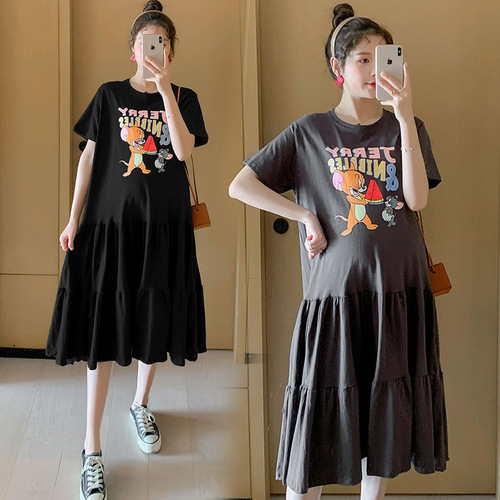 Pregnant women's summer dress, new plus-size loose short-sleeved skirt, summer T-shirt, outerwear, trendy mom, medium-length dress