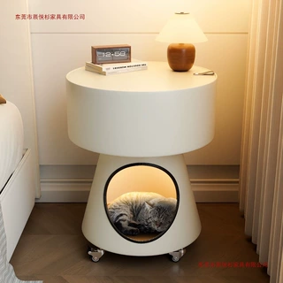 新款法式极简猫窝玻璃边几小户型铁艺带轮可移动圆形铁艺床头柜