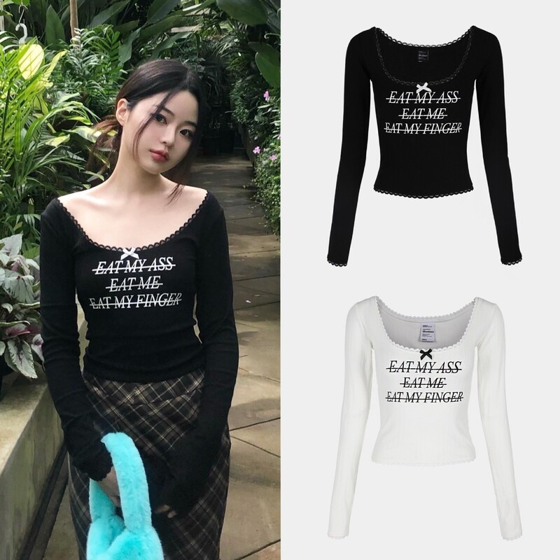 Special Offer, No Returns or Exchanges: Korean Niche Style Spicy Girl Lace Patchwork Slim-Fit Short Round-Neck Letter Print Long-Sleeve T-Shirt Special Offer, No Returns or Exchanges: Korean Niche Style Spicy Girl Lace Patchwork Slim-Fit Short Round-Neck Letter Print Long-Sleeve T-Shirt