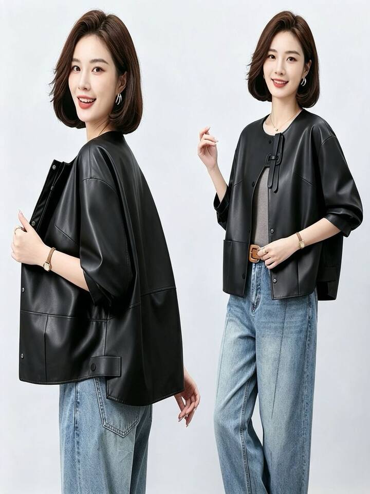 Áo khoác da nữ dáng ngắn ôm vừa, cổ lập, tay dài, phong cách thanh lịch — Cam Hermès, đen chi tiết 15