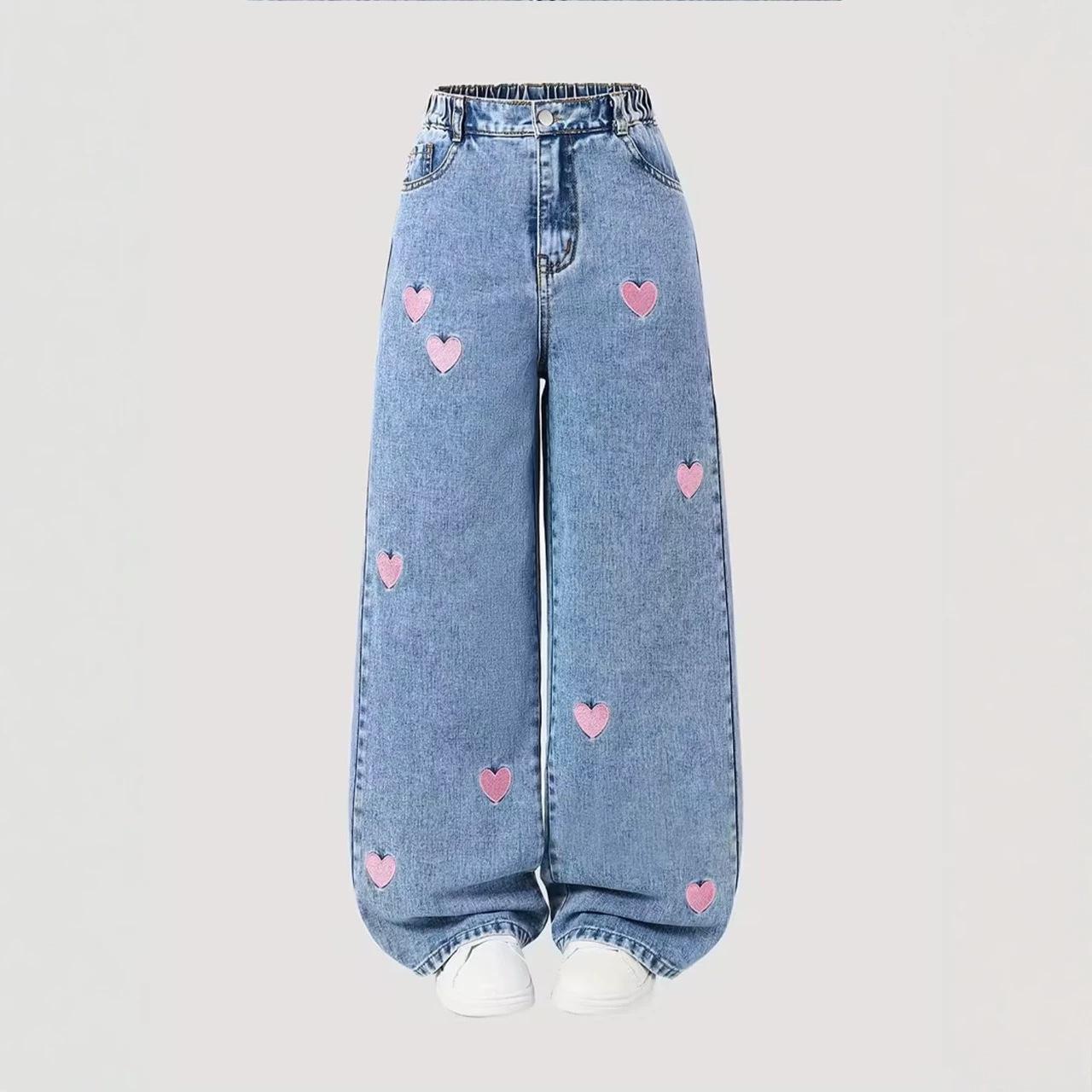 Cross-border girls' spring and autumn jeans, new style for older children, loose casual straight pants, stylish versatile wide-leg pants for kids