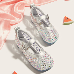 2025 New Little Girl's Shoes French Rhinestone Mesh Toe Shoes Girls Versatile Performance Mary Jane Shoes