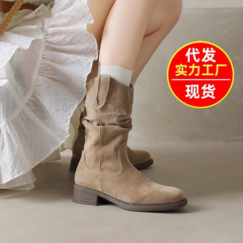 2025 New Autumn and Winter Maillard Mid-Calf Short Boots for Women, Western Cowboy Slouch Boots, Thick-Soled Martin Boots, Single Boots 2025 New Autumn and Winter Maillard Mid-Calf Short Boots for Women, Western Cowboy Slouch Boots, Thick-Soled Martin Boots, Single Boots